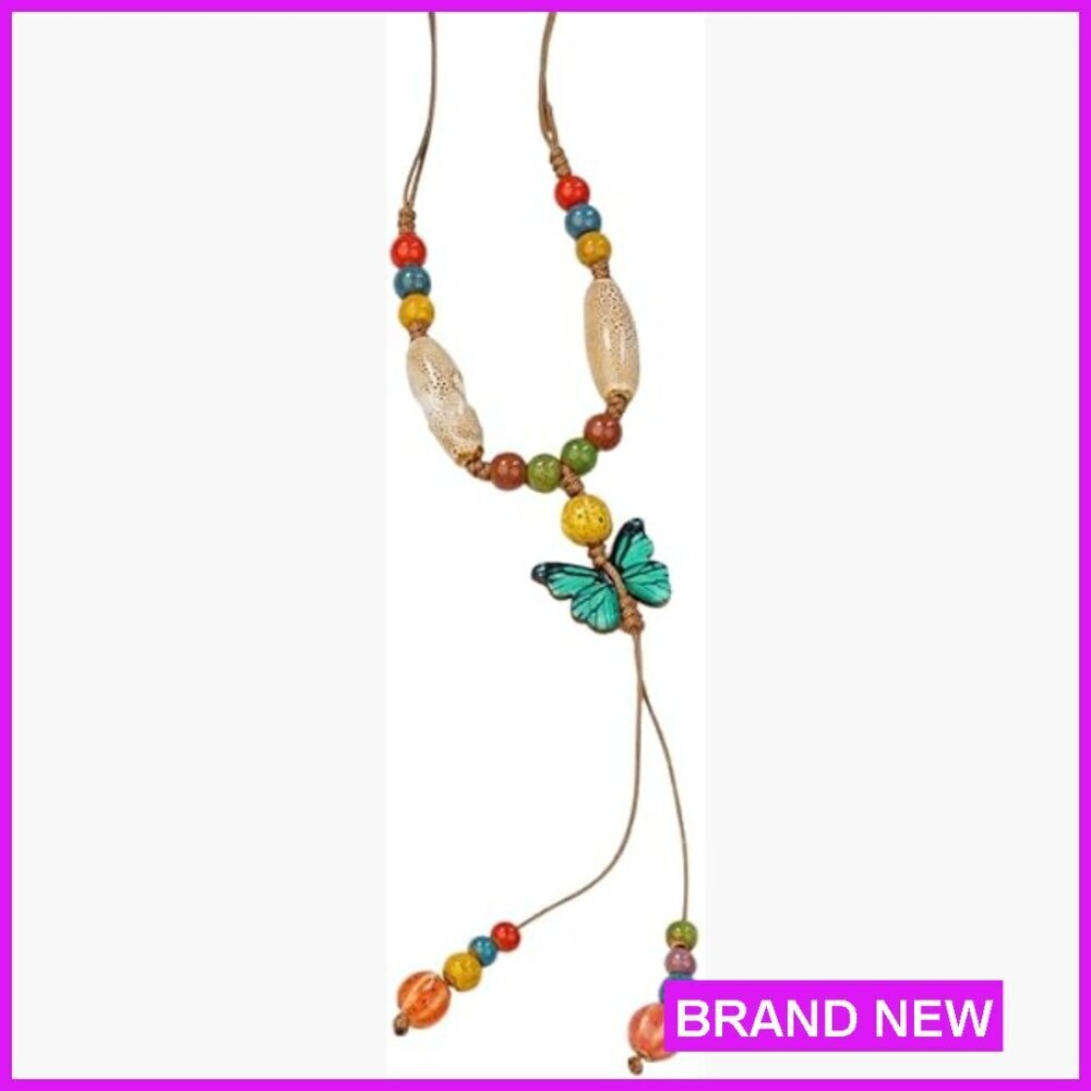 Vintage Bohemian Ceramic Bead Lariat Necklace Adjustable Y-Necklace Statement